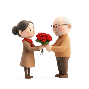 A senior man giving a bouquet of red roses to his wife 3D icon isolate png