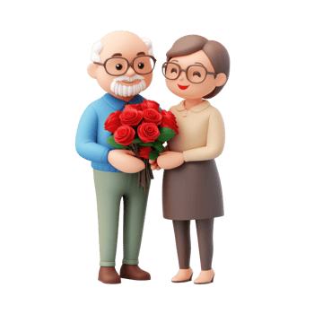 A senior man giving a bouquet of red roses to his wife 3D icon cartoon isolate png