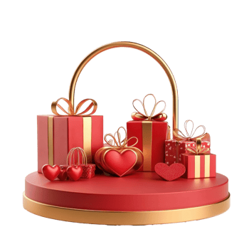 Gold and red podium with hearts gifts and shopping bags 3D icon cartoon isolate png