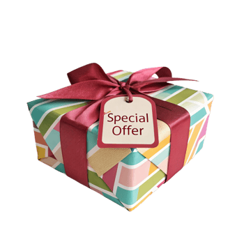 gift box with special offer tag, beautifully wrapped in colorful paper png