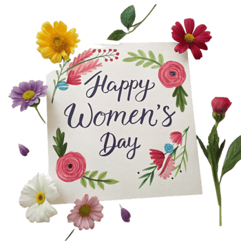 Happy Women Day card with colorful flowers and vibrant design png