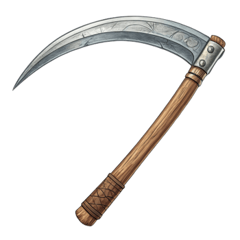 detailed illustration of curved scythe with wooden handle png
