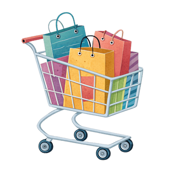 Shopping cart filled with colorful bags on white background png