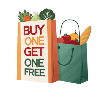 Buy one get one free grocery bags with fresh produce and bread png