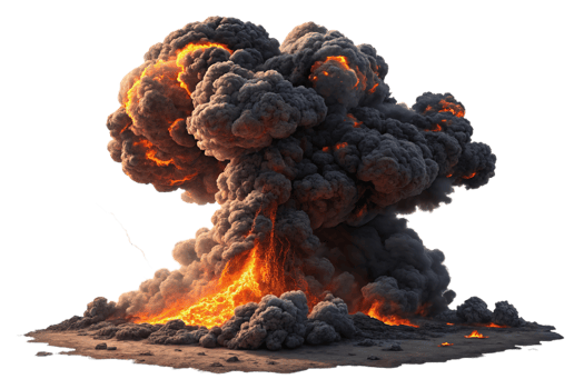 thunderous explosion with dark smoke and glowing embers fills scene png