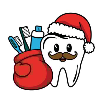 Christmas Tooth Cartoon with a Sack of Dental Care Items vector