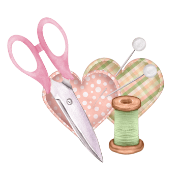 Textile hearts with scissors, thread and pins. Polka dot. Plaid. Pink. Green. Sewing clipart. Hand-drawn watercolor illustration png