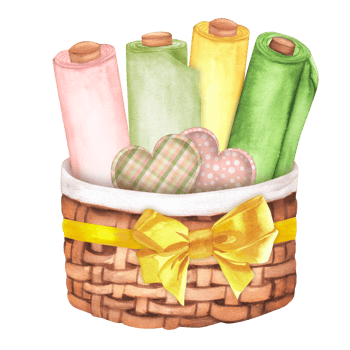 Wicker basket with a bow, pink, green and yellow fabric rolls, heart shaped pincushions. Polka dot and plaid pattern. Sewing. Dressmaking. Hand-drawn watercolor illustration png