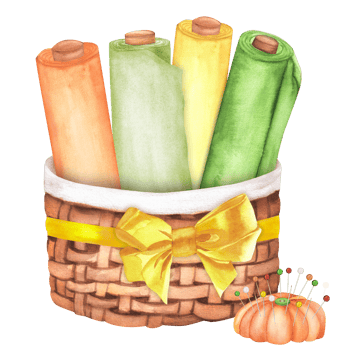 Wicker basket with a bow, pink, green and yellow fabric rolls, orange pin cushion. Sewing clipart. Dressmaking. Hand-drawn watercolor illustration png
