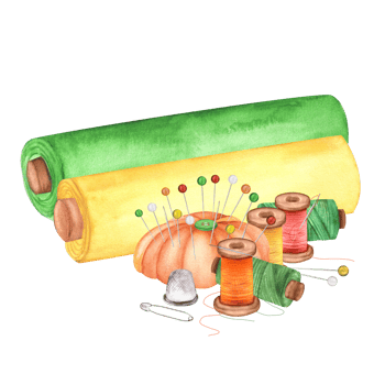 Fabric rolls with pincushion, threads, thimble, pins. Sewing clipart. Dressmaking kit. Atelier. Hand-drawn watercolor illustration png