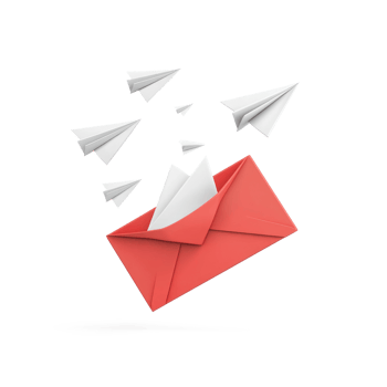 White paper airplanes fly out of the red open envelope 3D icon cartoon isolate png