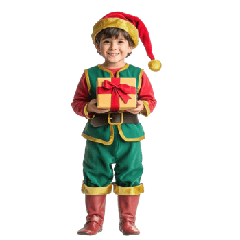 Smiling little boy wear christmas elf costume holding gift box front view isolate on transparent background png