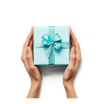 Hands hoding blue gift box top view isolate on transparent background png