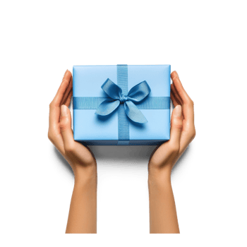 Hands hoding blue gift box top view isolate on transparent background png