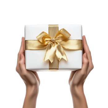 hands holding gift box with white and gold ribbon and bow side view isolate on transparent background png