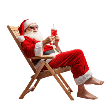 Santa Claus relaxing on beach chair holding coktail side view isolate on transparent background png