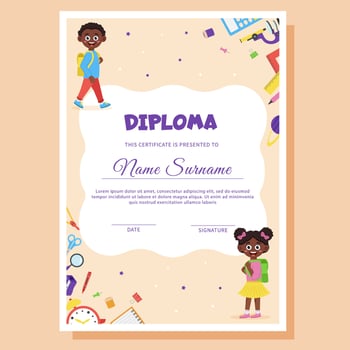 School diploma, certificate template with school supplies and schoolchildren. vector