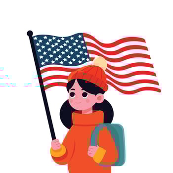 A cute girl dressed in winter clothes holding the flag of the United States of America flat illustration vector