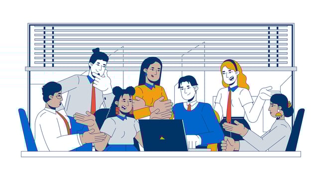 Large meeting conference colleagues cartoon flat illustration. Discussion cooperation. Multicultural coworkers collaboration 2D characters isolated on white background. colorful image vector
