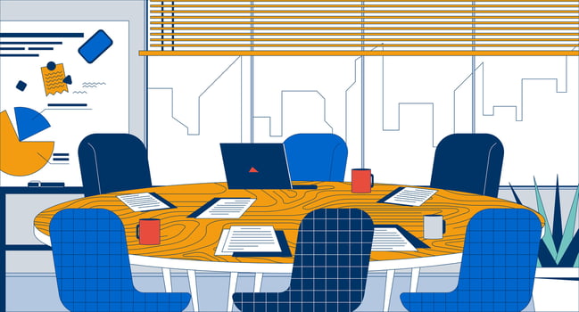 Round conference room table in empty office flat illustration. Meeting briefing 2D interior cartoon background. Paperwork, coffee cups, laptop on tabletop. Workplace furniture scene image vector
