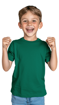 Happy young boy celebrating with raised fists on transparent background png