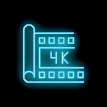 Neon 4k movie cinema tape icon glowing on dark background vector