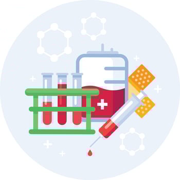 Medical illustration representing a blood bag, test tubes, syringe and bandages, depicting the concept of blood transfusion and healthcare vector