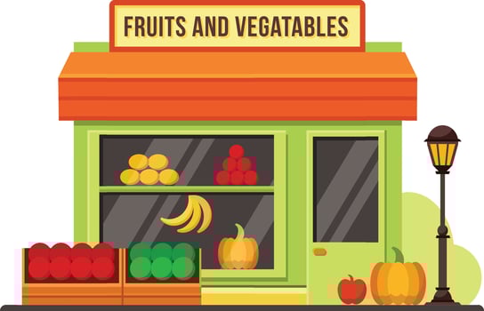 Local fruit and vegetable shop selling fresh produce displaying pumpkins, apples, bananas and tomatoes with a street lamp nearby vector