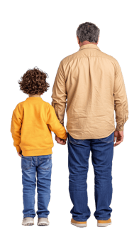 Father and child holding hands from behind in casual clothing on transparent background png