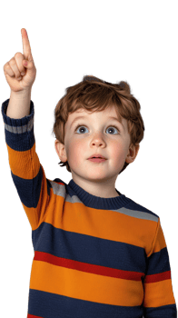 Young boy pointing upwards with curious expression on transparent background png