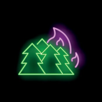 Neon sign representing forest fire burning trees with flames vector