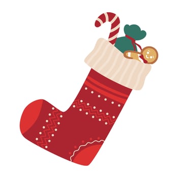 Christmas sock with candies inside, cozy winter holiday decoration, graphic sticker. illustration. vector