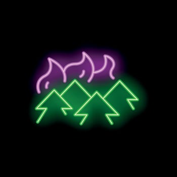 Neon sign representing forest fire burning wildfire with bright flames vector