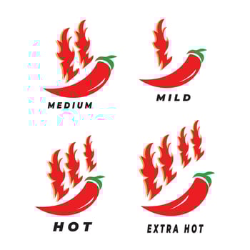 A set of chili icons with fire featuring a flaming design in bright red and orange colors, ideal for logos, symbols, decorations and illustrations. vector
