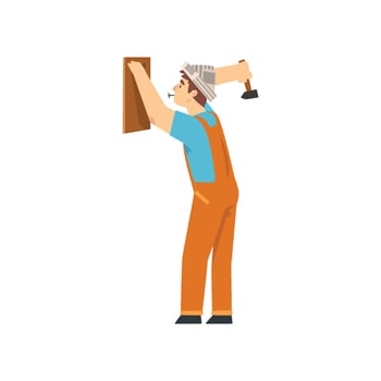 Handyman Hanging Wooden Board on Wall Using Hammer and Nails, Male Construction Worker Character in Paper Cap with Professional Equipment Illustration vector