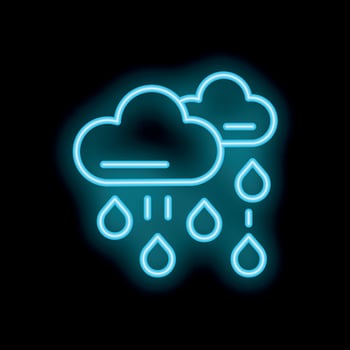 Bright blue neon rainy clouds sign with rain drops falling down on black background vector