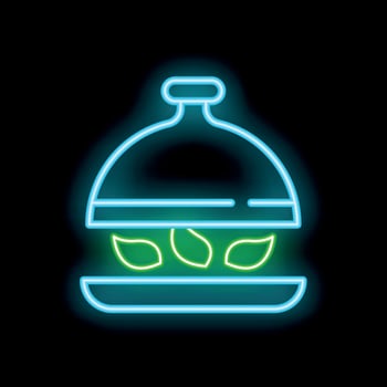 Neon sign of a tray presenting fresh food with leaves vector