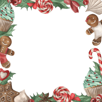 A square frame decorated with Christmas sweets. Cupcake, gingerbread, candy, lollipop, meringue, holly, berry, anise are hand-drawn in watercolor. The illustration is in red, brown, green colors png