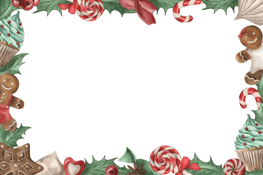 A rectangular frame decorated with Christmas sweets. Cupcake, gingerbread, candy, lollipop, meringue, holly, berry, anise are hand-drawn in watercolor. The illustration is in red, brown, green colors png