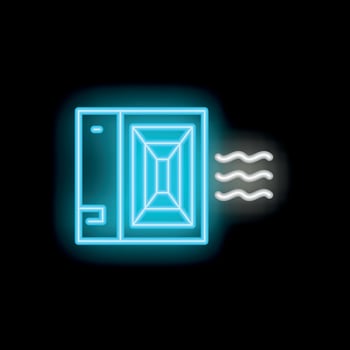 Neon air conditioner blowing cool air icon on black background vector