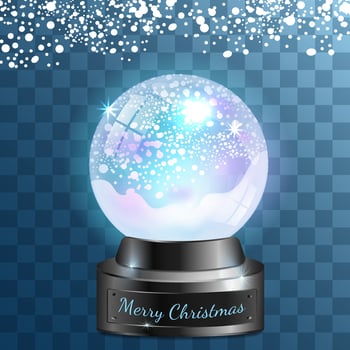 crystal christmas ball with falling snow on metal stand, merry christmas vector