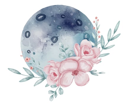 Blue Planet with pink Flowers watercolor illustration. Drawing of floral cosmic object in a Space in pastel colors. Painting with full moon for baby greeting cards or childish invitations. vector