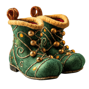 Festive holiday elf footwear featuring detailed stitching and gold bell ornament png