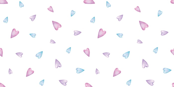 Pink, blue and purple hearts. Isolated hand drawn romantic watercolor seamless Background. Surface pattern design for Valentine's Day, clothes, wrapping paper, textiles, fabric vector
