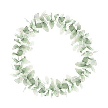 Eucalyptus leaves and green branches. Wreath of eucalyptus greenery. Hand drawn isolated watercolor round frame. Floral design for wedding invitations, cards and stationery. vector