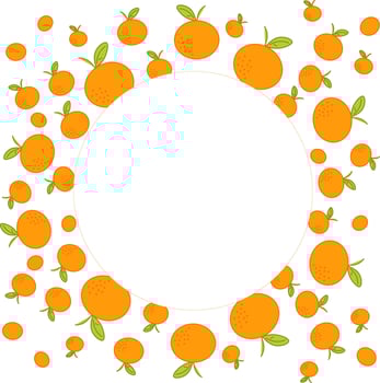 Mandarin or tangerine hand drawn graphic background. Organic citrus plant drawing with whole mandarin round circle frame. Natural botanical graphic illustration. Template for food product label vector