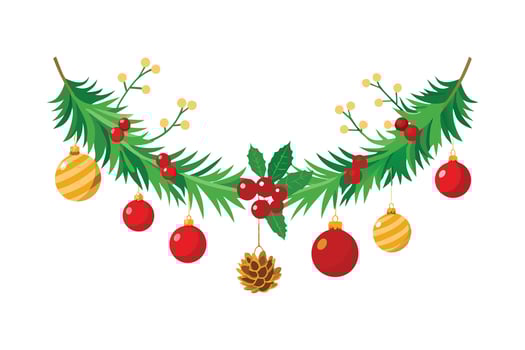 Christmas Garland Art - Festive Pine, Spruce, Red Baubles, Gold, Berries, and Pinecones vector
