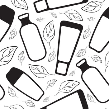 seamless pattern with various jars and tubes and with green leaves indicating the naturalness of the product, for packaging, posters, various designs vector