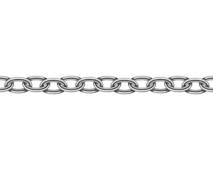 Realistic metal chain seamless texture. Silver color chains link isolated on white background. Strong iron chainlet solid three dimensional design element. vector