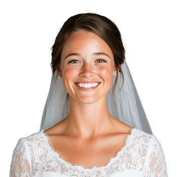 Bride with radiant smile in elegant wedding dress on transparent background png